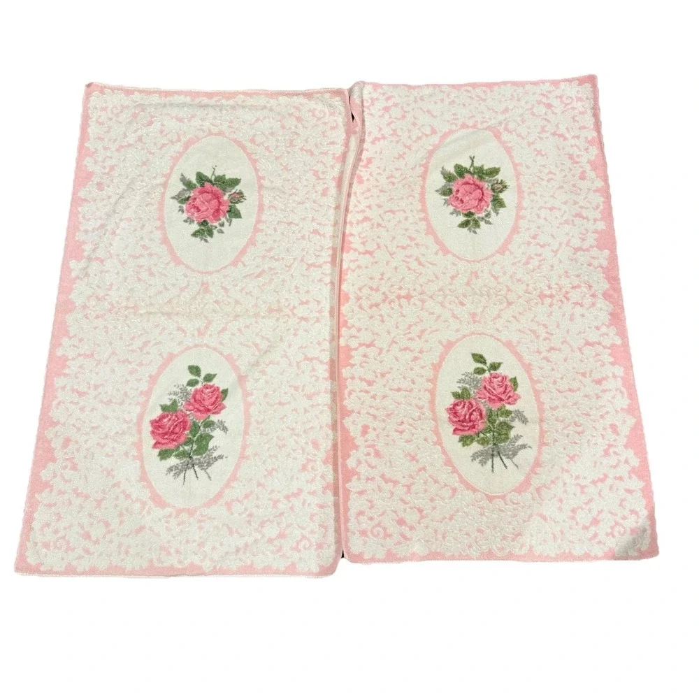 2 Vtg Bath‎ Towel Cannon Royal Family Pink White Double Rose Sculpted Plush EUC